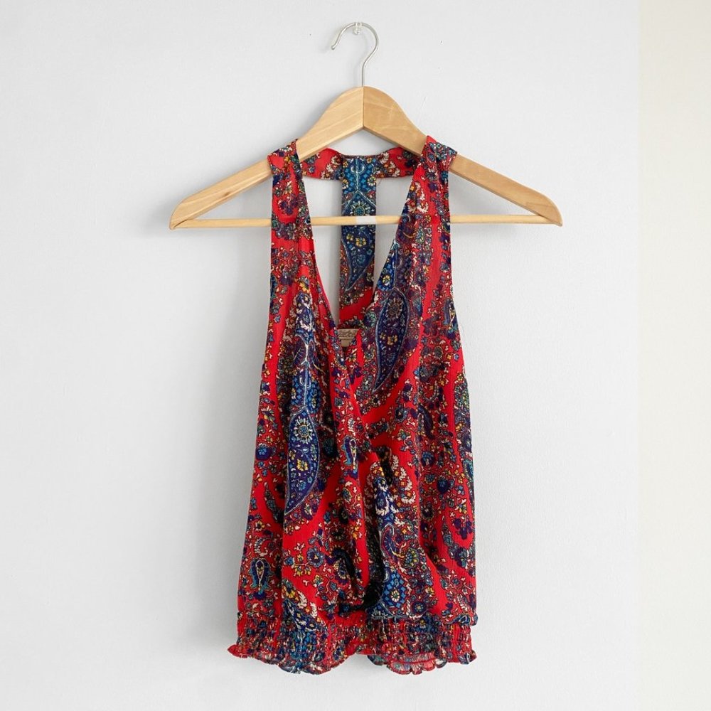 Lucky Brand Red Multi-Color Paisley Patterned Banded Bottom Top